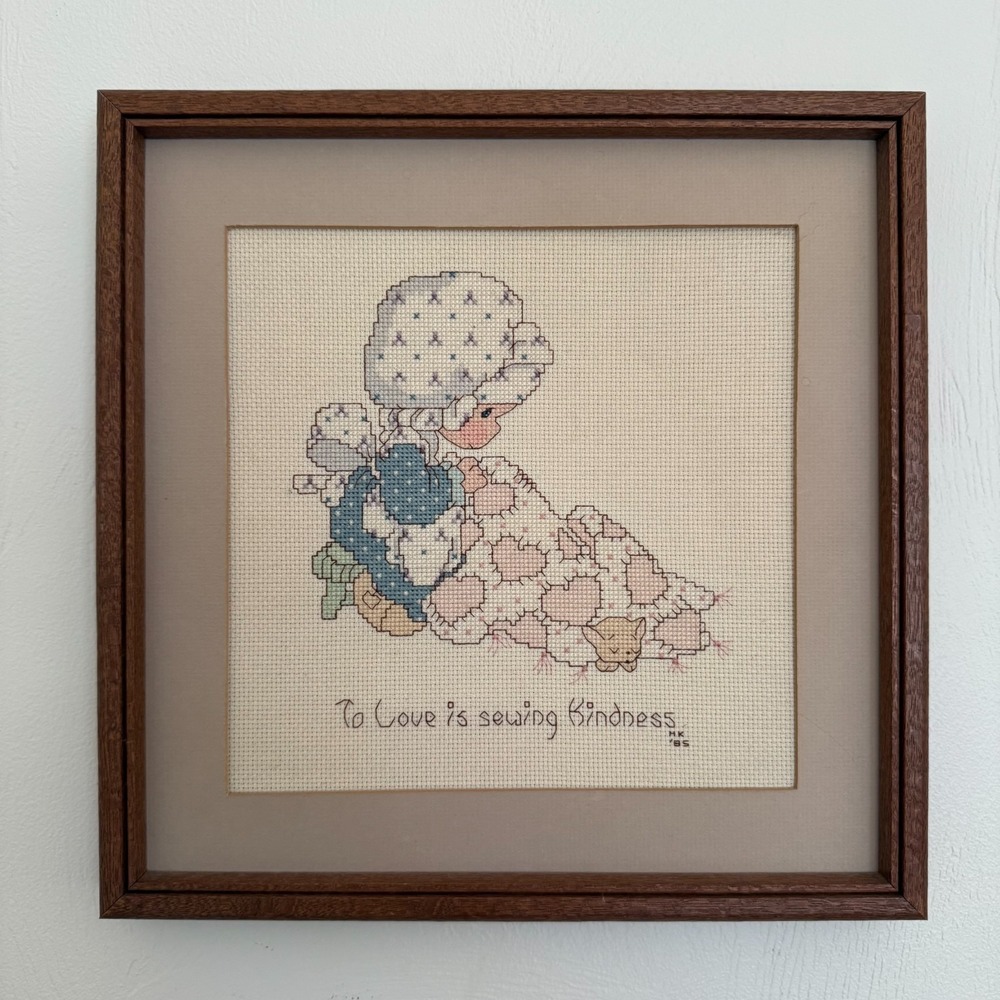 Vintage Precious Moments "To Love Is Sewing Kindness" Cross Stitch Completed